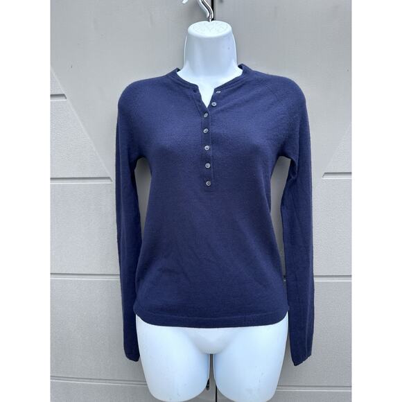 Theory Cashmere Henley Cashmere Sweater Sz S Slim Fit Navy Blue Minimalist READ - Picture 1 of 15
